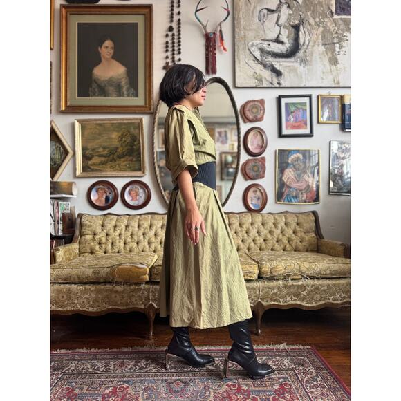 Vintage 80s Olive Green Ribbed Waist Collared Midi Dress Size 7 Medium - Picture 6 of 9